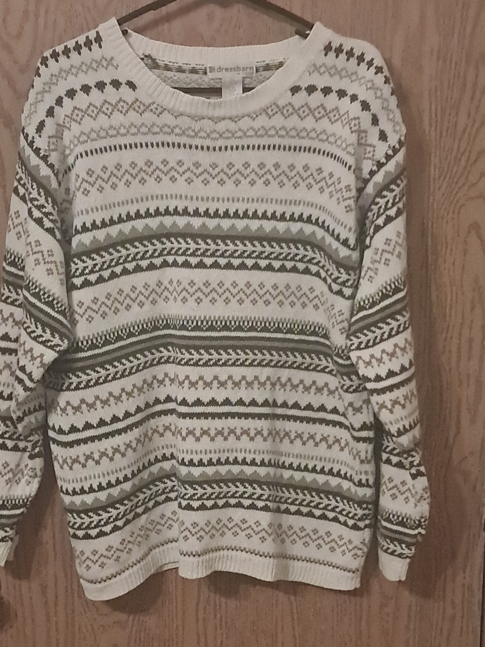 dressbarn Cream and Olive Fair Isle Crewneck Sweater